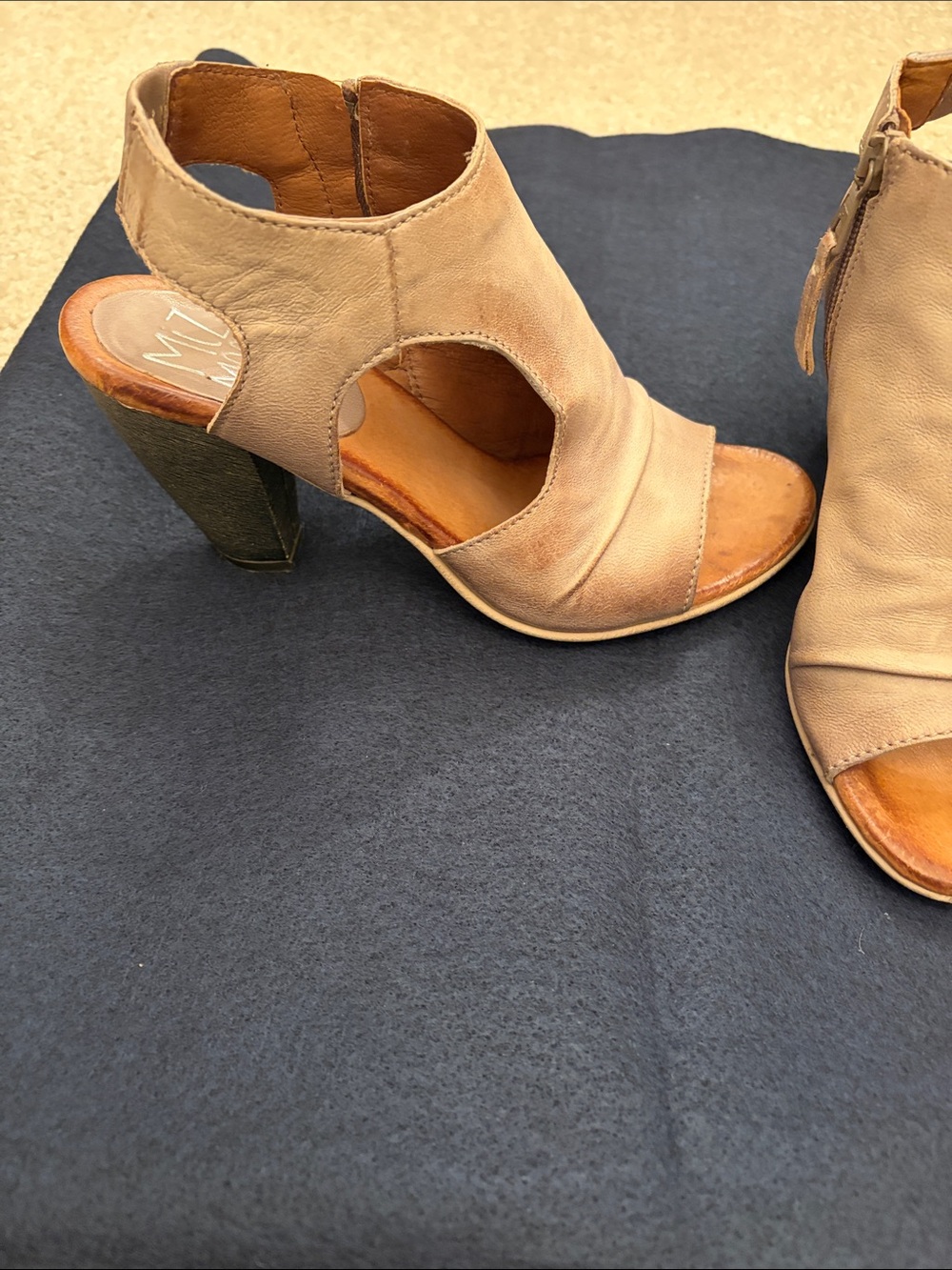 Miz Mooz Blush Tan Peep-Toe Cutout Block Heel Sandals - Picture 3 of 5